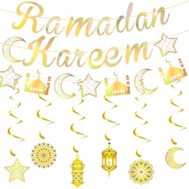 GoaePode Ramadan Mubarak Hanging Banner, Ramadan Kareem Eid Mubarak Hanging Decorations, Gold Star Moon Lantern Spiral Streamers for Islamic Celebrations and Mosque Hollowed-Out Party Supplies