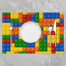 jejeloiu Toy Blocks Placemats Table Mats, Cartoon Colorful Building Blocks Placemats for Dining Table Set of 4, Gift for Toy Lovers Placemat Set Non-Slip Easy to Clean for Kitchen Dining Table