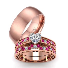 LOVERSRING Couple Ring Bridal Set His Hers 10k Women Rose Gold Filled Heart Cut CZ Men Titanium Wedding Ring Band Set