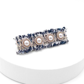 Burnaby blue tweed pearl button hairpin / 버나비 블루 트위드 진주 버튼 헤어핀