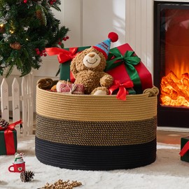 KAKAMAY Large Blanket Basket (20"x13"),Woven Rope Baskets for storage Baby Laundry Hamper, Cotton Rope Blanket Basket for Living Room, Laundry, Nursery, Pillows,Baby Toy chest (Jute/Black)