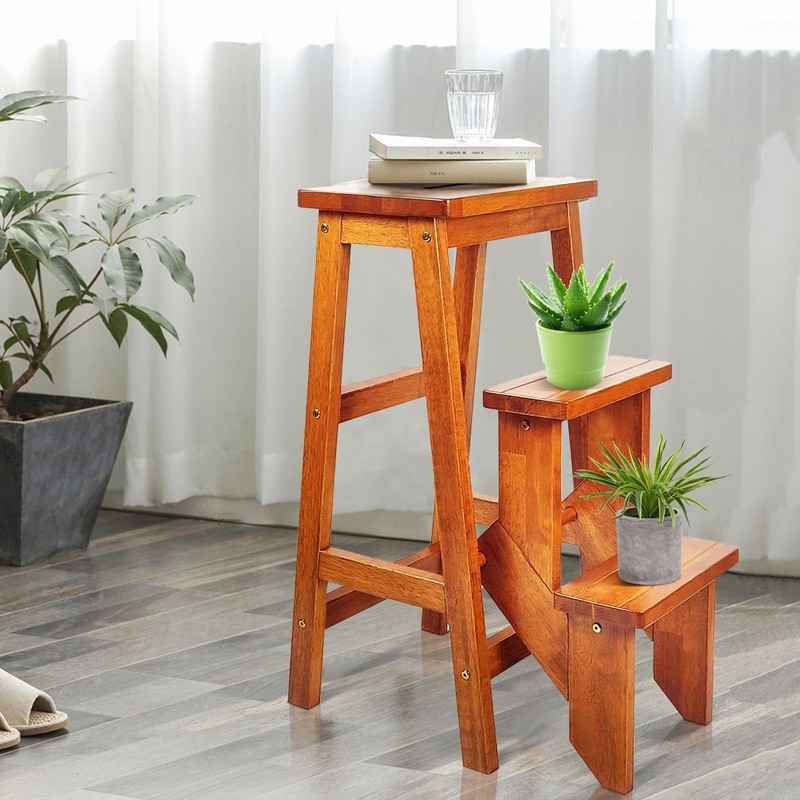 BETTARY 3-Step Folding Wooden Step Stool, Portable Anti-Slip Step Ladder,