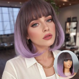 FANCEE Ombre Purple Bob Wig with Bangs Short Dark Purple Root Blunt Cut Wig for Women Straight Sleek Bob Shoulder Length Curly Ends Wig for Party Daily Costume Use(12 Inch)