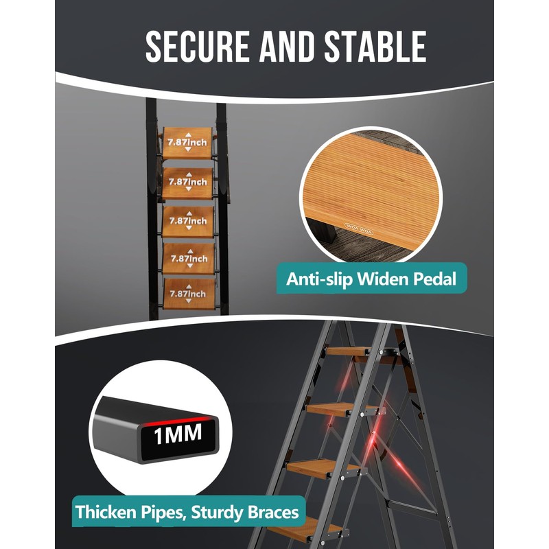 WOA WOA 5 Step Ladder, Ladders for Home, Anti-Slip Pedals,