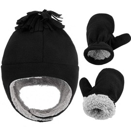 Toddler Winter Hat with Mitten Set - Baby Kids Sherpa Lined Warm Fleece Cap Set with Ear Flaps (Black, L)