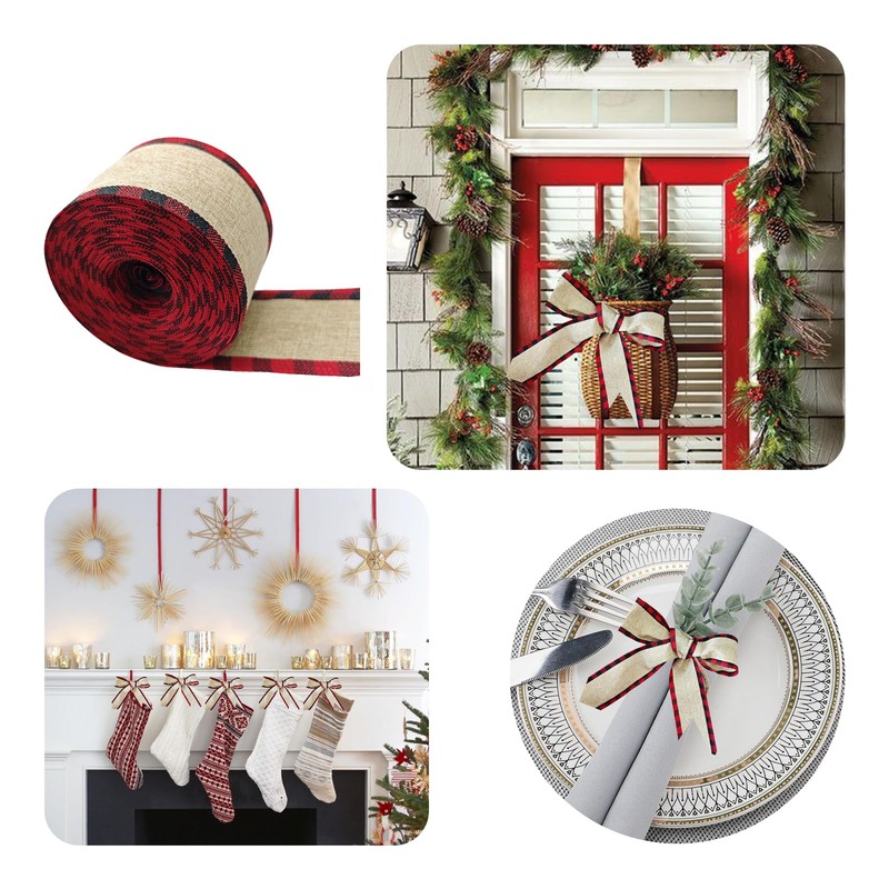 1 Roll 10 Yards Christmas Buffalo Plaid Ribbons, Burlap Wired