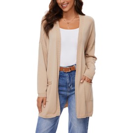 BERESIA Women's 100% Cotton Lightweight Open Front Cardigans with Pockets Long Sleeve Soft Oversized Knit Casual Sweaters Outwear, Khaki, XXL
