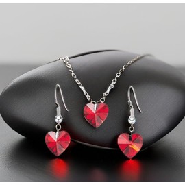 Gregory Crafts & Gifts Red Heart-Shaped AB Crystal Jewellery Set, Silver, Necklace and Earrings, Women's, Girls Jewellery