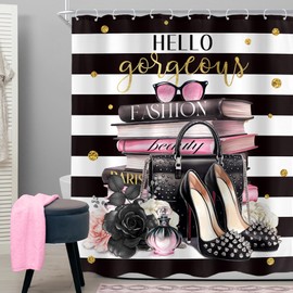 Cinbloo Fashion White and Black Shower Curtain 60Wx72H Girly Pink Rose Flower Perfume Shower Curtain for Girls Women High Heels Book Bath Curtain Fabric Modern Striped Bathroom Decor with 12 Hooks