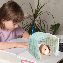 Hamster Hide Tunnel, Acrylic Door Detachable Animal Hide, Cozy Plush House, Chewing Resting Habitat Decoration Inside Outside Cage for Hamster, Hedgehog, Chinchilla