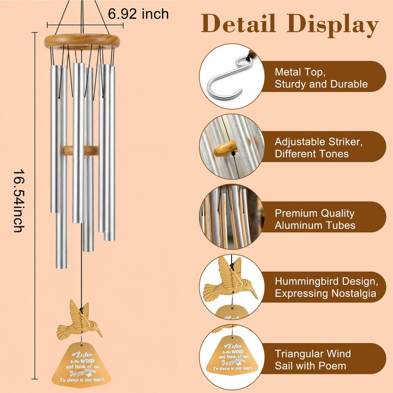 Memorial Wind Chimes with Hummingbird Crystal Ball, Sympathy Wind Chimes