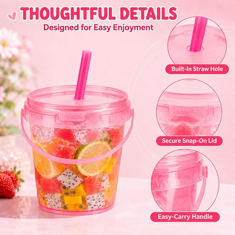 48 Set Clear Pink Bucket Cups with Lids and Straws,