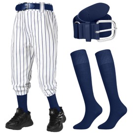 Cozypower 3 Pcs Baseball Combo Set, Knicker Softball Pants, Softball Socks, Baseball Belts for Boys and Girls(6-7 Years,Navy Blue, White Line)