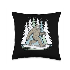 Bigfoot Throwing Snowballs in Winter Wonderland Throw Pillow