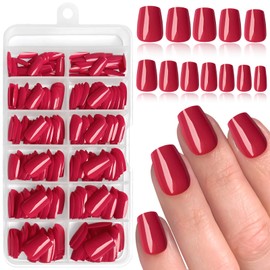 LoveOurHome 288pc Coffin Press on Nails Short Fake Nails with Glue Tabs, Berry Red Glue on Nails Press on Nails Women Acrylic Nails XS Coffin Fake Nails Short False Nails Girls Kids Fingernails
