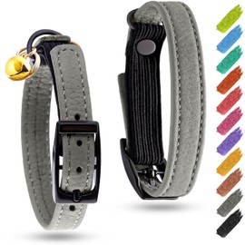 WAUDOG Leather Cat Collar with Bell & Elastic Strap - Pet Collar Leather - Leather Kitten Collar - Cats Small and Big Cat Collar for Boy Cats, Girl Cats with Safety Elastic Strap (Gray, 6" - 8")