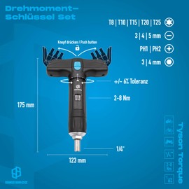 BIKE BROZ Tyson T by 1/4 Inch Torque Wrench for Bicycle, Motorcycle etc. 2-8 Nm Small Torque Screwdriver with Bit Set Phillip, Slotted, Torx and Hexagonal in T-Handle for Travel