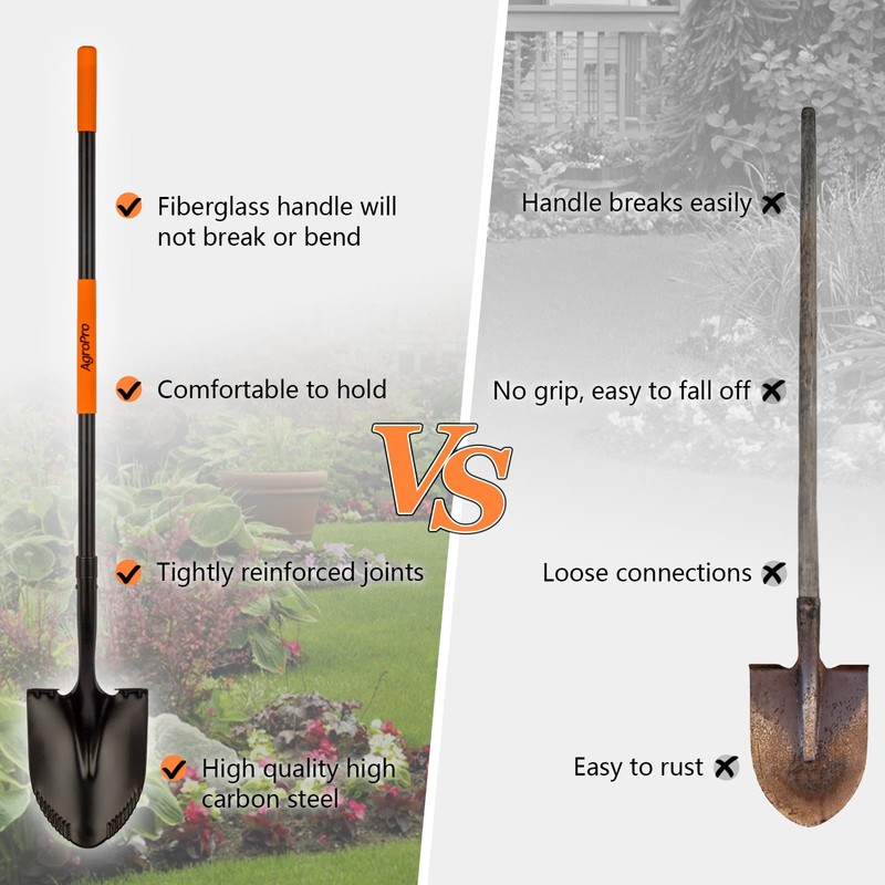 AgroPro Shovel for Digging, Metal Shovel with Long Fiberglass Handle,