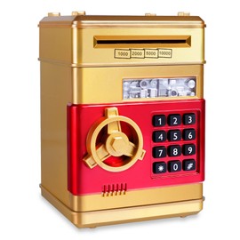 GuDoQi Piggy Bank for Boys Electronic Coin Money Bank Toy for 3 4 5 6 7 8 9 10 Year Old Children, Mini ATM Cash Coin Saving Box for Birthday Gifts Kids Age 3-10, Gold