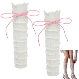 CABODYALS 2 Pairs White Bow Tie Japanese Style Flare Lace Heap Pile Goth Boot Socks Cover Sleeves 80s Cute Kawaii Harajuku Polyester Leg Warmers for Women s Ballet Clothes Accessories