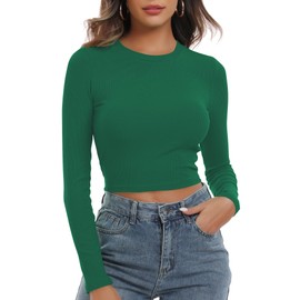 Artfish Women's Round Neck Long Sleeve Knit Ribbed Fitted Crop Top Casual Basic Shirts (Emerald Green, M)