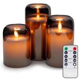 WYZworks LED Mirrored Glass Round Hurricane Pillar Flameless Candles, Real Wax Moving Wick Dancing Flickering Flame, Battery Operated (Included), Remote & Timer (Set of 3, Silver Gray Metallic)
