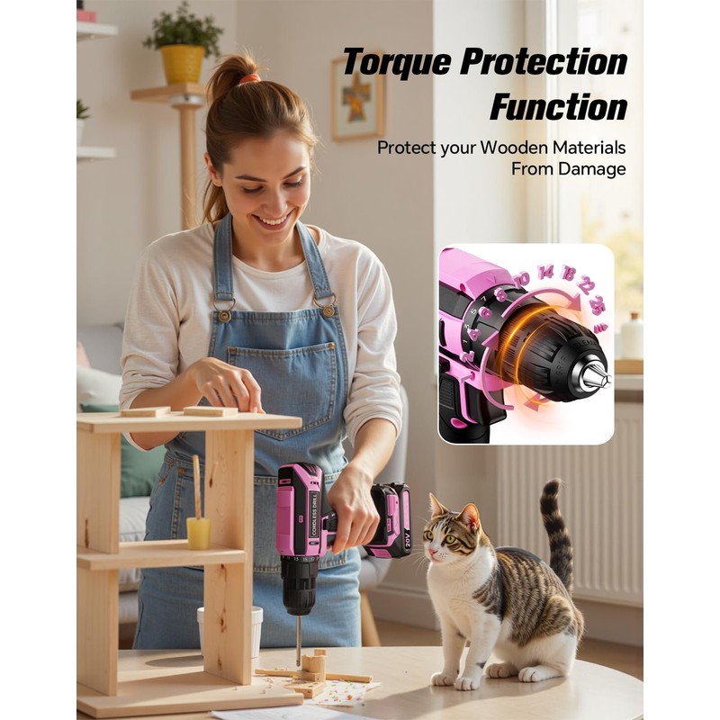 Pink Cordless Drill Set, 20V Max PowerDrill for Women, Lightweight