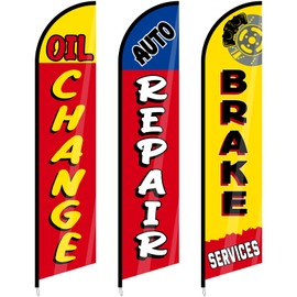 Hahafelt 3 Pack Auto Repair Shop Oil Change Feather Flag Sets, 8.2 x 2.1 ft Large Brake Services Advertising Windless Flag for Business Mechanics Automotive Car Repair Shops