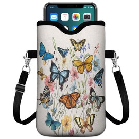 Universal Phone Sleeve Pouch with Crossbody Strap 7.6 X 4.3 Inches Shockproof Water Resistant Mobile Protection Bag-Butterfly Wildflower Neoprene Phone Pouch Bag