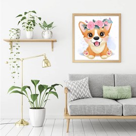DCIDBEI 30 x 30 cm DIY 5D Round Diamond Painting Dog, Diamond Painting Pictures Animals Diamond Painting Kits Anime, Living Room Bedroom Decoration Sticker Puppy with Roses