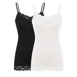 Women's Adjustable Spaghetti Strap Lace Trim Cami Tunic Tank Top (XL,2 Pack Black and White)