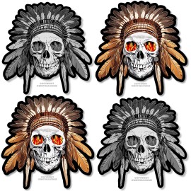 OwnTheAvenue 4Pcs - Indian Chief Skull Flames Laptop Bumper Auto Vinyl Sticker Decals 3.75"