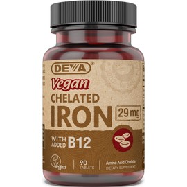 Deva Nutrition Vegan Chelated Iron 29 mg Fortified with B-12 - High Potency, Easy to Swallow - 90 Tablets, 1-Pack | DEVA