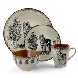 Elama Majestic Wolf 16 Piece Round Stoneware Dinnerware Set in Taupe