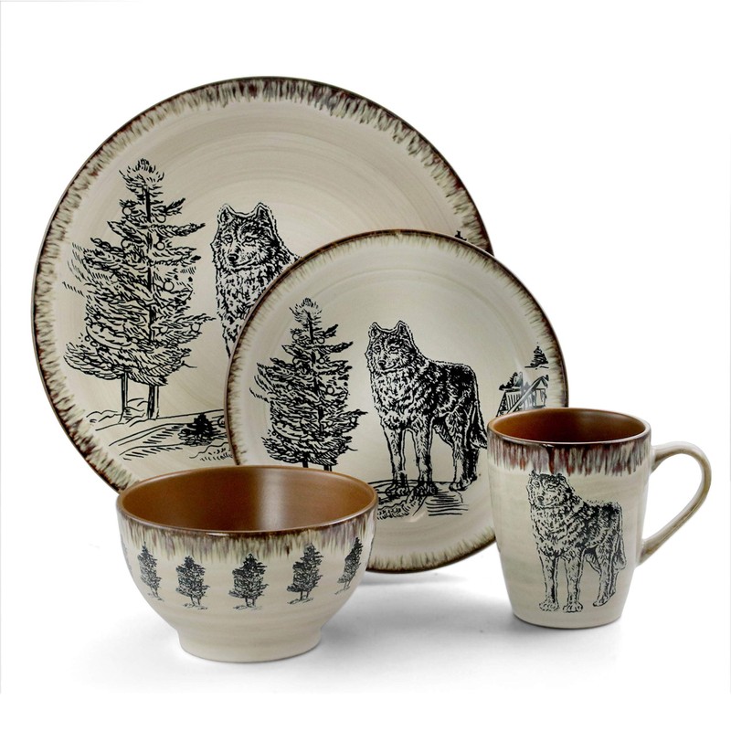 Elama Majestic Wolf 16 Piece Round Stoneware Dinnerware Set in
