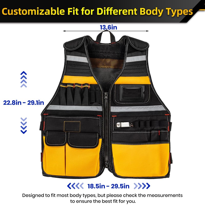 Tool Vest, Electrician Tool Vest for Men, 22 Compartments, Reflective