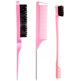 3-Piece Teasing Brush Set Bristles Hair Brush 3 Rows Teasing Brush Dual Edge Brush Robust Styling Comb Parting Comb for Brushing, Combing, Grinding Hair for Stylists Women (Pink)