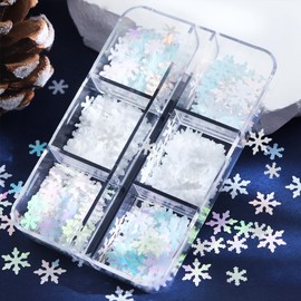 6 Grids White Snowflake Nail Art Sequins Christmas Snowflake Nail Glitter Flakes 3D Holographic Laser Nail Glitters Winter Nail Art Supplies Decorations Christmas Nails Decals Stickers for Women