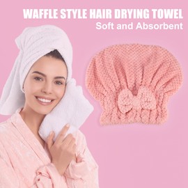 VOCOSTE Towel Cap, Hair Dry Towel, Super Absorbent, Quick Drying, Hair Towel, For Washing Face, Pool, Bath, Bath or Drying Hair After Bathing, Fluffy, Bowknots, Pack of 2, Beige, Pink