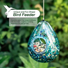 Glitzhome Glass Bird Feeder for Outdoors, 6.75" H Blue Dots Teardrop Hanging Birdfeeder for Garden Tree Yard Outside Decoration