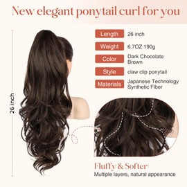 Flufymooz 26" Ponytail Extension, Long Wavy Curly Claw Clip in Ponytail Hair Extensions, Natural Synthetic Hairpiece for Women Daily Wear(Dark Chocolate Brown)