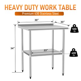 HOCCOT Stainless Steel Table for Prep & Work 30" X 30" inches with Adjustable Undershelf and Backsplash, Commercial Workstations, Utility Table in Kitchen Garage Outdoor BBQ