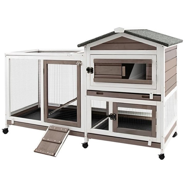 Ketive Rabbit Hutch Indoor Outdoor Two Story Bunny Hutch with Wheels Guinea Pig Cage with Removable No Leaking Tray Wooden Pet House