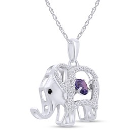 AFFY Simulated Alexandrite And White Cubic Zirconia Floater Elephant Pendant Necklace, 14K White Gold Over Sterling Silver, 5MM Heart Cut Center Alexandrite, 18'' Rope Chain