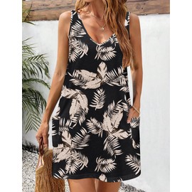 HOTOUCH Women's Black Floral Beach Dress Summer Boho Mini Dress with Pockets Women Tropical Print Dress V Neck Women's Sundresses Large