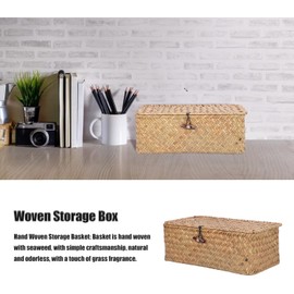 Yosoo Cajas de Cestas de Pasto Marino Tejidas a Mano, Contenedor de Almacenamiento de Ratán Natural con Tapa, Organizador de Escritorio para Accesorios para el Cabello, Joyería, (M)