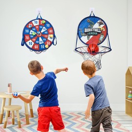 Mini Basketball Hoop for Kids, 2 in 1 Dart Board Toy with Indoor Basketball Hoop Wall Mounted, Sports Fun Throwing Toys Party Favors Birthday Gift for Boys Girls 3-12