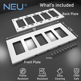 NEU 5-Gang Screwless Decorator Wall Plates Child Safe Outlet Cover, 4.75" x 10", Unbreakable Polycarbonate Thermoplastic, Glossy White