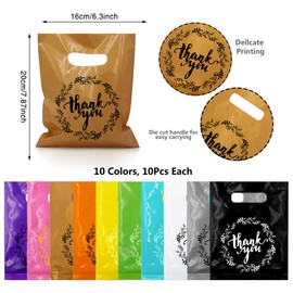 TOSPARTY 100 PCS 10 Colors Plastic Handle Bag Gift Bags Party Favor Candy Cookie Bag for Birthday Party Baby Shower Wedding Gift Shop Retail Bags (7.87" x 6.3")