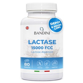 BANDINI Bandini? Lactase Extra-Strength Dose 15,000 FCC - Helps with Lactose Intolerance - 80 Tablets - Supports The Lactose Digestion - Slow Release Digestive Enzymes Supplement - 100% Vegan - Chemical Free